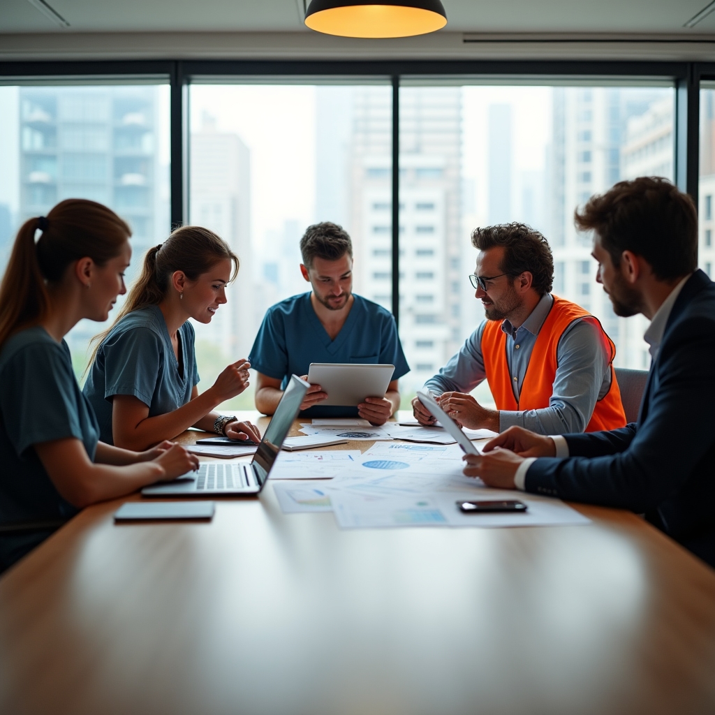 Riunione con professionisti di settori diversi attorno a tavolo in ambiente moderno