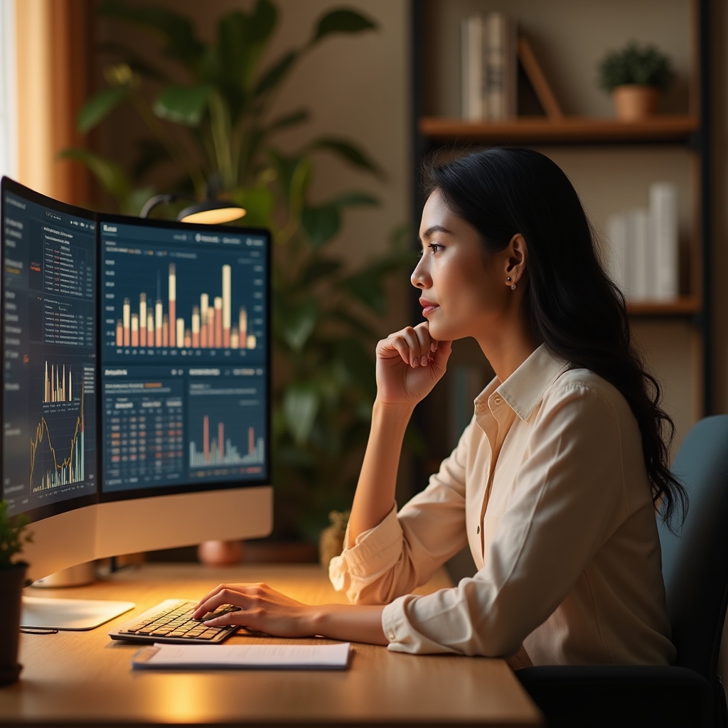 Manager analizza grafici e dati su schermo in ufficio moderno
